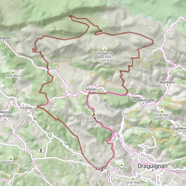 Miniaturní mapa "Gravelový okruh z Flayosc do Col de la Grange" inspirace pro cyklisty v oblasti Provence-Alpes-Côte d’Azur, France. Vytvořeno pomocí plánovače tras Tarmacs.app