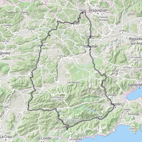 Miniature de la carte de l'inspiration cycliste "Parcours Route à travers les vignobles du Var" dans la Provence-Alpes-Côte d’Azur, France. Générée par le planificateur d'itinéraire cycliste Tarmacs.app