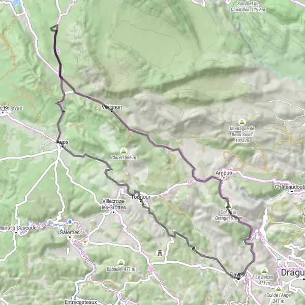 Miniature de la carte de l'inspiration cycliste "Le Tour des Villages Varois" dans la Provence-Alpes-Côte d’Azur, France. Générée par le planificateur d'itinéraire cycliste Tarmacs.app