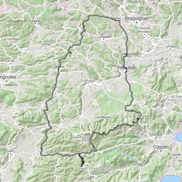 Miniature de la carte de l'inspiration cycliste "Les Collines Varoises et la Côte d'Azur" dans la Provence-Alpes-Côte d’Azur, France. Générée par le planificateur d'itinéraire cycliste Tarmacs.app
