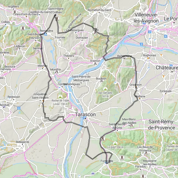 Miniaturní mapa "Cyklistická trasa mezi vinicemi a starobylými osadami" inspirace pro cyklisty v oblasti Provence-Alpes-Côte d’Azur, France. Vytvořeno pomocí plánovače tras Tarmacs.app