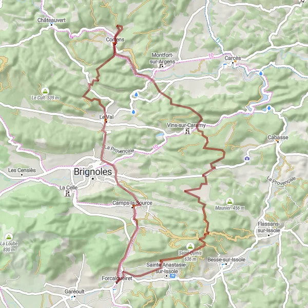 Miniatua del mapa de inspiración ciclista "Ruta por caminos de grava a través de Le Val y Sainte-Anastasie-sur-Issole" en Provence-Alpes-Côte d’Azur, France. Generado por Tarmacs.app planificador de rutas ciclistas