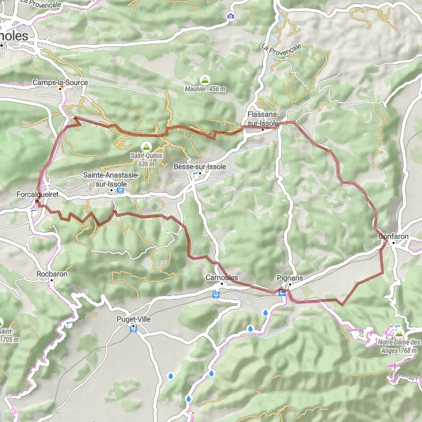 Kartminiatyr av "Grusvei eventyr til Bon Jeu" sykkelinspirasjon i Provence-Alpes-Côte d’Azur, France. Generert av Tarmacs.app sykkelrutoplanlegger