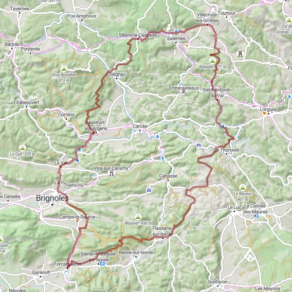 Mapa miniatúra "Náročný gravel výlet okolo Le Val" cyklistická inšpirácia v Provence-Alpes-Côte d’Azur, France. Vygenerované cyklistickým plánovačom trás Tarmacs.app