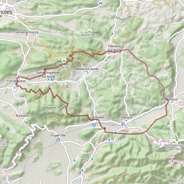 Miniatua del mapa de inspiración ciclista "Aventura en bicicleta por carreteras de grava hacia Carnoules y Flassans-sur-Issole" en Provence-Alpes-Côte d’Azur, France. Generado por Tarmacs.app planificador de rutas ciclistas
