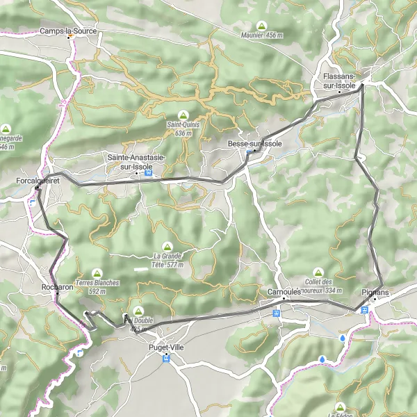 Miniatua del mapa de inspiración ciclista "Ruta por carreteras a través de Besse-sur-Issole y Carnoules" en Provence-Alpes-Côte d’Azur, France. Generado por Tarmacs.app planificador de rutas ciclistas