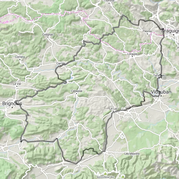 Map miniature of "Camps-la-Source Loop - Road" cycling inspiration in Provence-Alpes-Côte d’Azur, France. Generated by Tarmacs.app cycling route planner