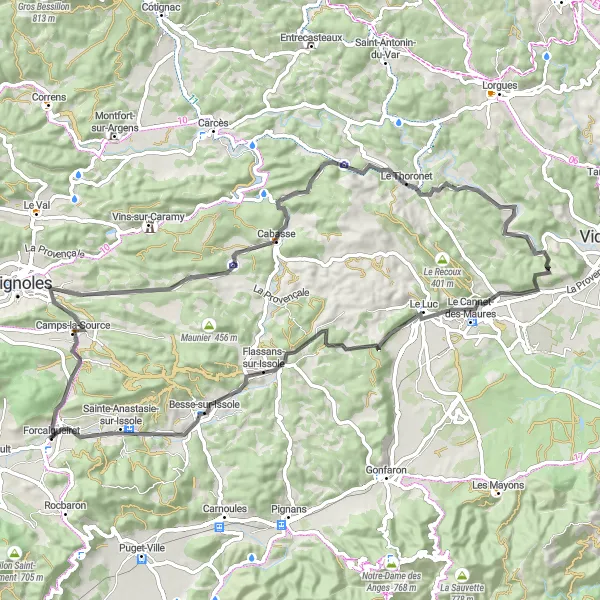 Miniatua del mapa de inspiración ciclista "Desafío en carreteras por Camps-la-Source y Pifforan" en Provence-Alpes-Côte d’Azur, France. Generado por Tarmacs.app planificador de rutas ciclistas