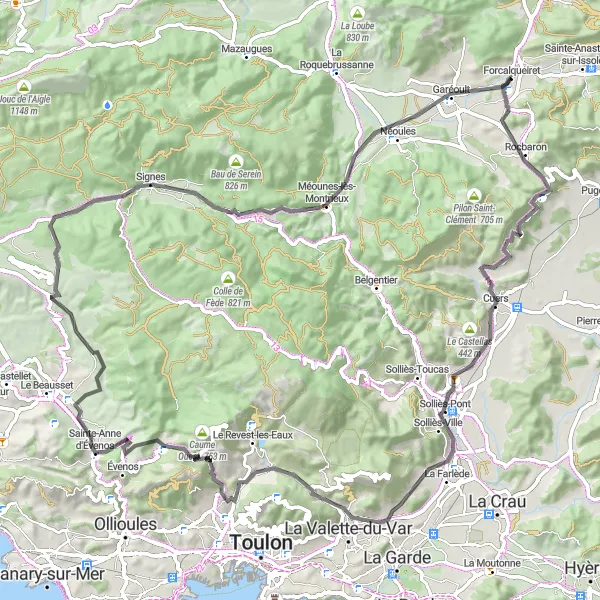 Map miniature of "Road Cycling to Cuers" cycling inspiration in Provence-Alpes-Côte d’Azur, France. Generated by Tarmacs.app cycling route planner