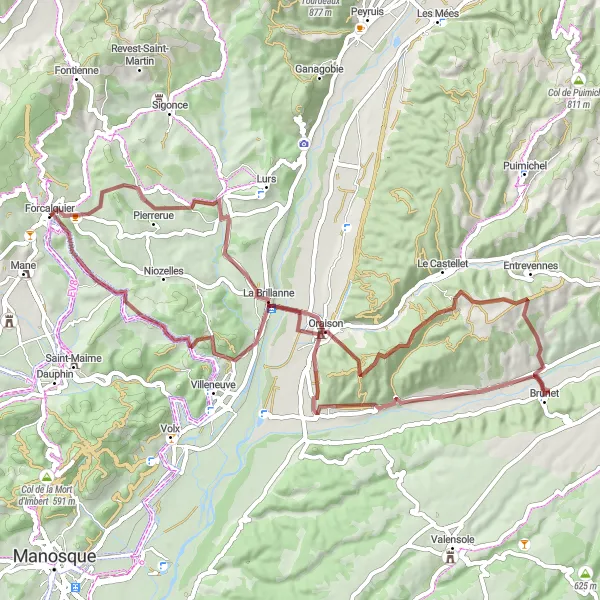 Karttaminiaatyyri "La Brillanne - Château d'Oraison Gravel Cycling Route" pyöräilyinspiraatiosta alueella Provence-Alpes-Côte d’Azur, France. Luotu Tarmacs.app pyöräilyreittisuunnittelijalla