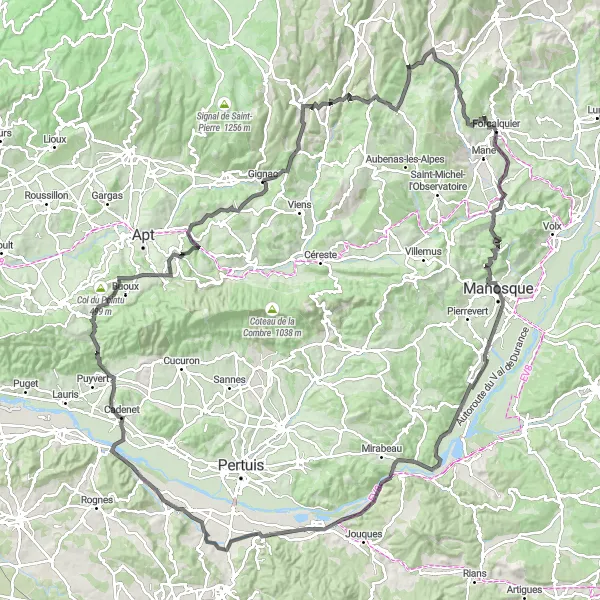 Miniature de la carte de l'inspiration cycliste "Les collines de la Provence en route" dans la Provence-Alpes-Côte d’Azur, France. Générée par le planificateur d'itinéraire cycliste Tarmacs.app