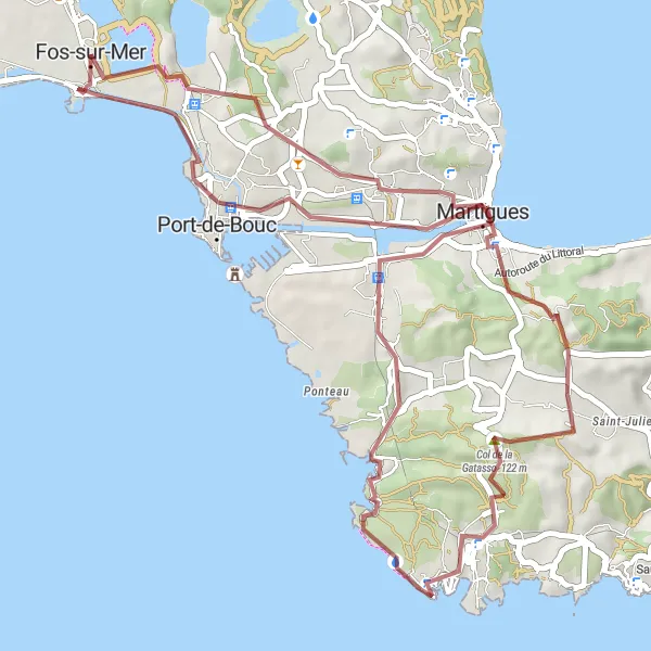 Map miniature of "Scenic Gravel Route from Fos-sur-Mer" cycling inspiration in Provence-Alpes-Côte d’Azur, France. Generated by Tarmacs.app cycling route planner