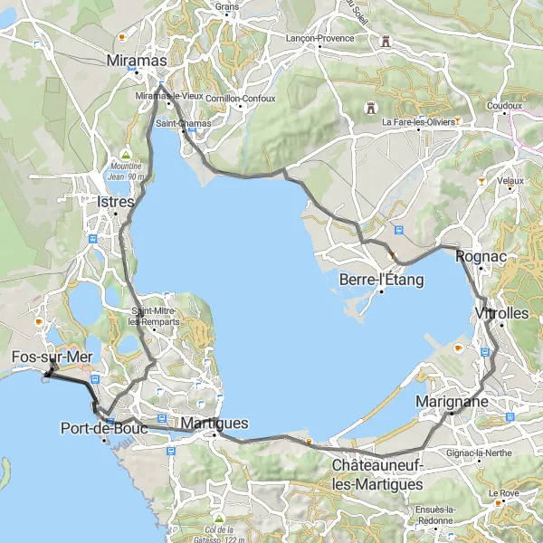 Map miniature of "Fos-sur-Mer to Port-de-Bouc and Martigues" cycling inspiration in Provence-Alpes-Côte d’Azur, France. Generated by Tarmacs.app cycling route planner
