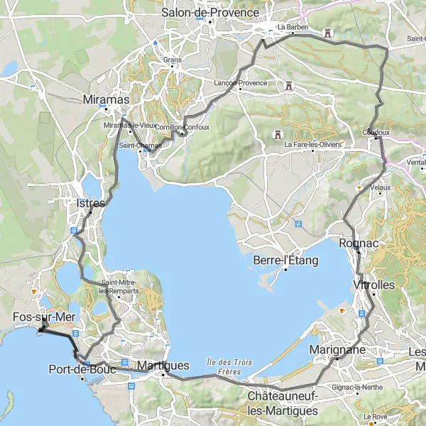 Map miniature of "Fos-sur-Mer to Marignane and Lançon-Provence" cycling inspiration in Provence-Alpes-Côte d’Azur, France. Generated by Tarmacs.app cycling route planner