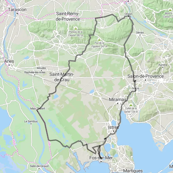 Map miniature of "Fos-sur-Mer to Château de l'Hauture and La Vigie" cycling inspiration in Provence-Alpes-Côte d’Azur, France. Generated by Tarmacs.app cycling route planner