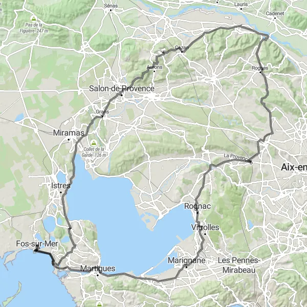 Map miniature of "Challenging Road Cycling Loop near Fos-sur-Mer" cycling inspiration in Provence-Alpes-Côte d’Azur, France. Generated by Tarmacs.app cycling route planner