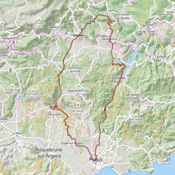 Map miniature of "Gravel Adventure in Fréjus and Gorges du Blavet" cycling inspiration in Provence-Alpes-Côte d’Azur, France. Generated by Tarmacs.app cycling route planner