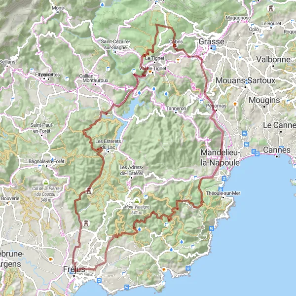 Miniatua del mapa de inspiración ciclista "Ruta de gravilla a Mandelieu-la-Napoule y Col du Perthus" en Provence-Alpes-Côte d’Azur, France. Generado por Tarmacs.app planificador de rutas ciclistas