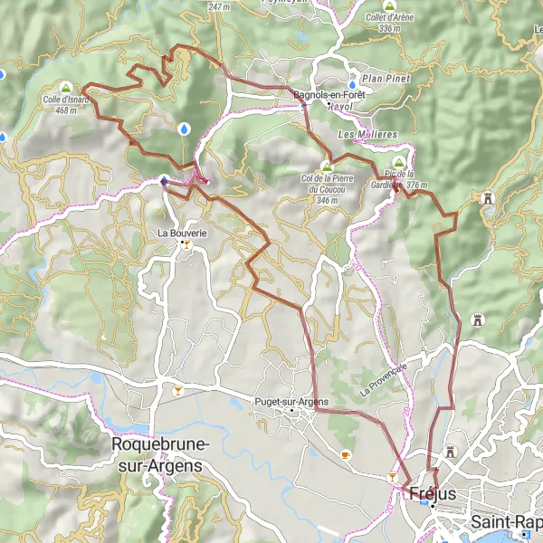 Karten-Miniaturansicht der Radinspiration "Gravel-Runde um Fréjus" in Provence-Alpes-Côte d’Azur, France. Erstellt vom Tarmacs.app-Routenplaner für Radtouren