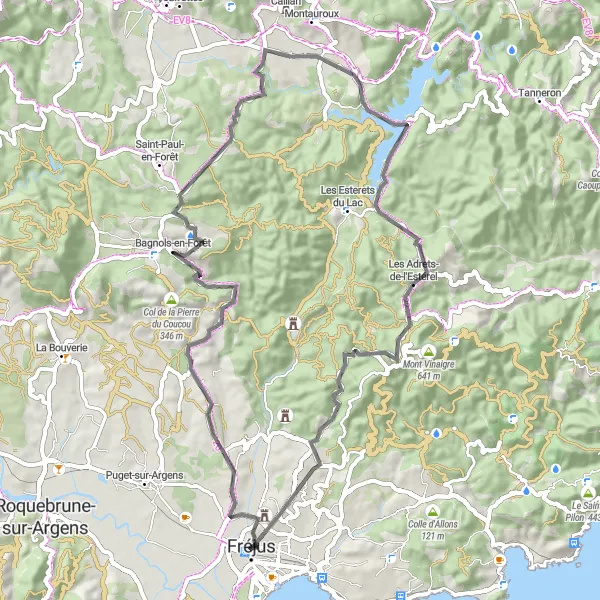 Miniatua del mapa de inspiración ciclista "Ruta por carretera al Château de la Colle Noire y Pagode Hông Hiên Tu" en Provence-Alpes-Côte d’Azur, France. Generado por Tarmacs.app planificador de rutas ciclistas