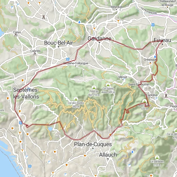 Map miniature of "Fuveau - Mont Julien - 13th Arrondissement" cycling inspiration in Provence-Alpes-Côte d’Azur, France. Generated by Tarmacs.app cycling route planner