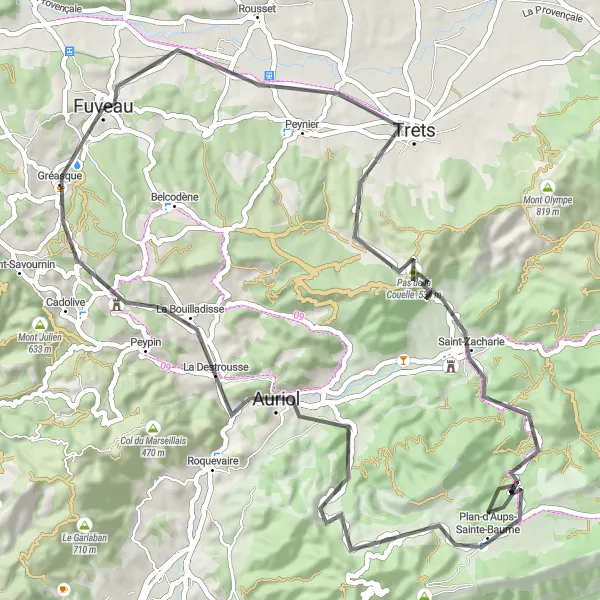 Zemljevid v pomanjšavi "Pot od Fuveau do Gréasque" kolesarske inspiracije v Provence-Alpes-Côte d’Azur, France. Generirano z načrtovalcem kolesarskih poti Tarmacs.app