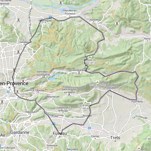 Miniatua del mapa de inspiración ciclista "Aventura en Aix-en-Provence y Pourrières" en Provence-Alpes-Côte d’Azur, France. Generado por Tarmacs.app planificador de rutas ciclistas