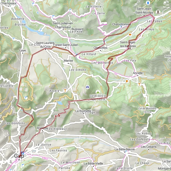 Map miniature of "Gap to Romette Gravel Loop" cycling inspiration in Provence-Alpes-Côte d’Azur, France. Generated by Tarmacs.app cycling route planner