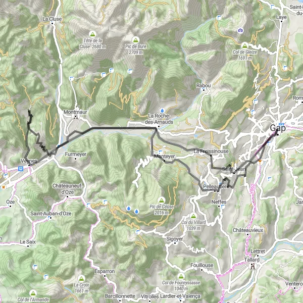 Miniature de la carte de l'inspiration cycliste "Défi Montagnard dans les Alpes du Sud" dans la Provence-Alpes-Côte d’Azur, France. Générée par le planificateur d'itinéraire cycliste Tarmacs.app