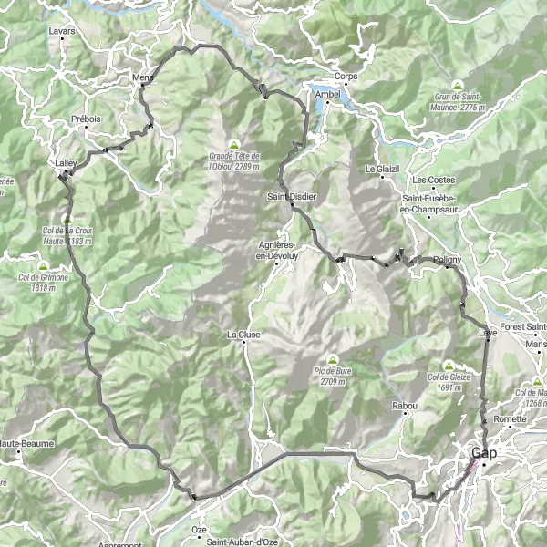 Miniature de la carte de l'inspiration cycliste "Les Hautes-Alpes Epic Climbs" dans la Provence-Alpes-Côte d’Azur, France. Générée par le planificateur d'itinéraire cycliste Tarmacs.app