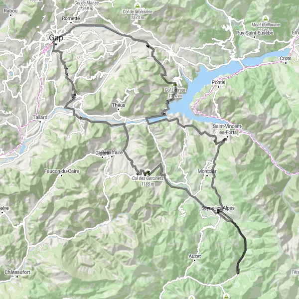 Miniatua del mapa de inspiración ciclista "Ruta de Carretera por los Alpes Franceses" en Provence-Alpes-Côte d’Azur, France. Generado por Tarmacs.app planificador de rutas ciclistas