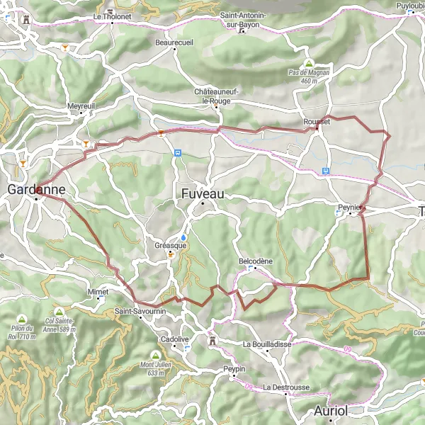 Miniature de la carte de l'inspiration cycliste "Parcours VTT en gravier vers Châteauneuf-le-Rouge" dans la Provence-Alpes-Côte d’Azur, France. Générée par le planificateur d'itinéraire cycliste Tarmacs.app