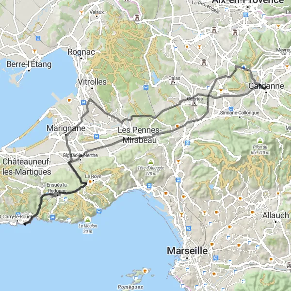 Karttaminiaatyyri "Gardanne - Ensuès-la-Redonne - Les Pennes-Mirabeau" pyöräilyinspiraatiosta alueella Provence-Alpes-Côte d’Azur, France. Luotu Tarmacs.app pyöräilyreittisuunnittelijalla