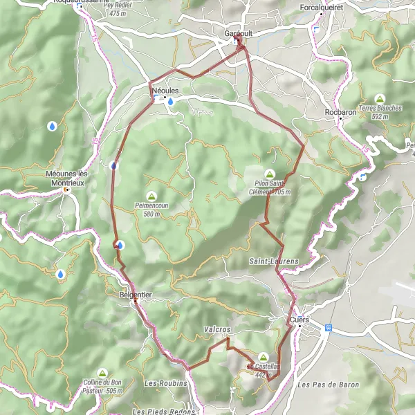 Zemljevid v pomanjšavi "Gravel pot od Garéoulta do Néoulesa" kolesarske inspiracije v Provence-Alpes-Côte d’Azur, France. Generirano z načrtovalcem kolesarskih poti Tarmacs.app