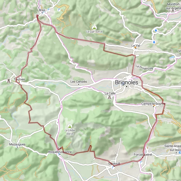 Miniatua del mapa de inspiración ciclista "Ruta Gravel Tourves - Forcalqueiret" en Provence-Alpes-Côte d’Azur, France. Generado por Tarmacs.app planificador de rutas ciclistas