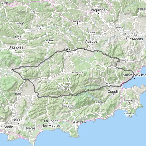 Zemljevid v pomanjšavi "Ekskluzivna pot skozi Provanso" kolesarske inspiracije v Provence-Alpes-Côte d’Azur, France. Generirano z načrtovalcem kolesarskih poti Tarmacs.app