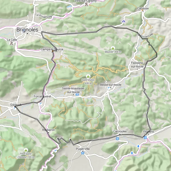 Zemljevid v pomanjšavi "Pot od Garéoulta" kolesarske inspiracije v Provence-Alpes-Côte d’Azur, France. Generirano z načrtovalcem kolesarskih poti Tarmacs.app