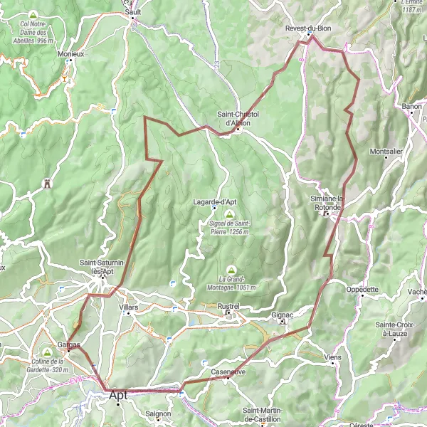 Mapa miniatúra "Gravelový okruh cez Revest-du-Bion a Simiane-la-Rotonde" cyklistická inšpirácia v Provence-Alpes-Côte d’Azur, France. Vygenerované cyklistickým plánovačom trás Tarmacs.app