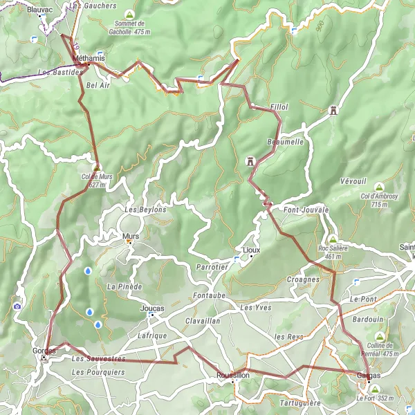Kartminiatyr av "Gruskjøring til Col de Murs" sykkelinspirasjon i Provence-Alpes-Côte d’Azur, France. Generert av Tarmacs.app sykkelrutoplanlegger