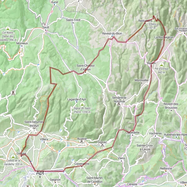 Zemljevid v pomanjšavi "Čarobna pokrajina Valsaintes" kolesarske inspiracije v Provence-Alpes-Côte d’Azur, France. Generirano z načrtovalcem kolesarskih poti Tarmacs.app