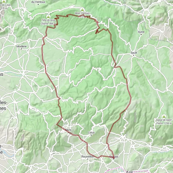Miniaturní mapa "Gravlová trasa Mont Ventoux" inspirace pro cyklisty v oblasti Provence-Alpes-Côte d’Azur, France. Vytvořeno pomocí plánovače tras Tarmacs.app