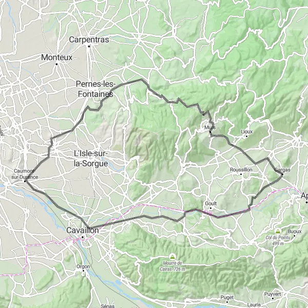 Kartminiatyr av "Goult til Venasque Scenic Loop rute" sykkelinspirasjon i Provence-Alpes-Côte d’Azur, France. Generert av Tarmacs.app sykkelrutoplanlegger