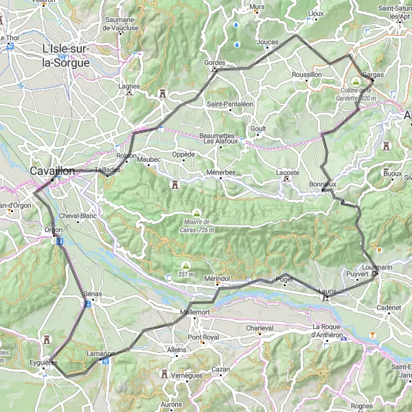 Karttaminiaatyyri "Maaseudun rauha" pyöräilyinspiraatiosta alueella Provence-Alpes-Côte d’Azur, France. Luotu Tarmacs.app pyöräilyreittisuunnittelijalla