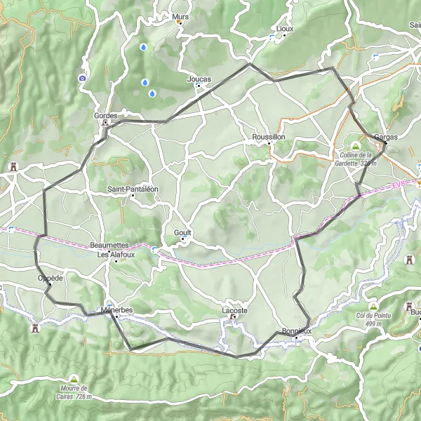 Mapa miniatúra "Cyklotrasa cez Bonnieux a Ménerbes" cyklistická inšpirácia v Provence-Alpes-Côte d’Azur, France. Vygenerované cyklistickým plánovačom trás Tarmacs.app