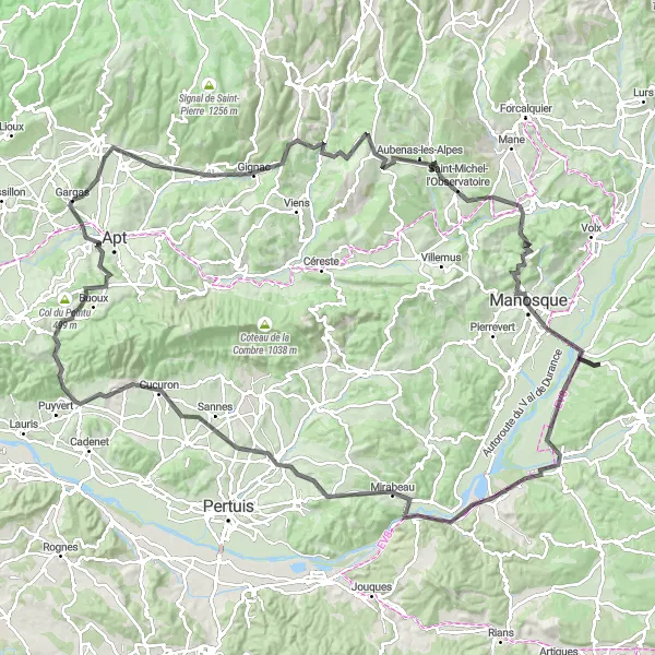 Karttaminiaatyyri "Haastava pyöräily Gargasista La Tour-d'Aiguesiin" pyöräilyinspiraatiosta alueella Provence-Alpes-Côte d’Azur, France. Luotu Tarmacs.app pyöräilyreittisuunnittelijalla