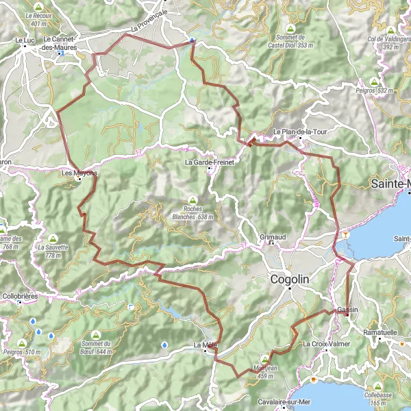 Mapa miniatúra "Horský gravel okruh cez Les Mayons a Cascade de l'Aille" cyklistická inšpirácia v Provence-Alpes-Côte d’Azur, France. Vygenerované cyklistickým plánovačom trás Tarmacs.app