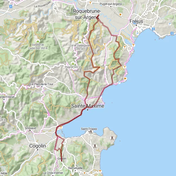 Miniaturní mapa "Trasa kolem Sainte-Maxime" inspirace pro cyklisty v oblasti Provence-Alpes-Côte d’Azur, France. Vytvořeno pomocí plánovače tras Tarmacs.app