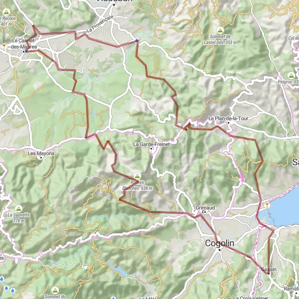 Mapa miniatúra "Gravelová trasa cez Le Cannet-des-Maures a Saint-Sébastien" cyklistická inšpirácia v Provence-Alpes-Côte d’Azur, France. Vygenerované cyklistickým plánovačom trás Tarmacs.app