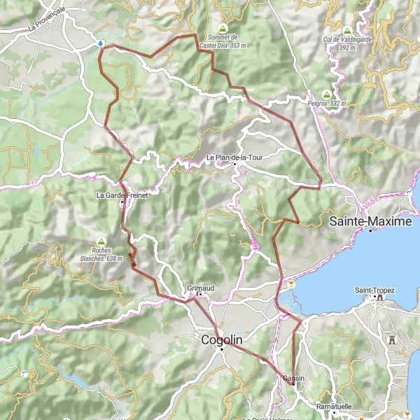 Kartminiatyr av "Gassin to Saint-Sébastien Gravel Adventure" sykkelinspirasjon i Provence-Alpes-Côte d’Azur, France. Generert av Tarmacs.app sykkelrutoplanlegger