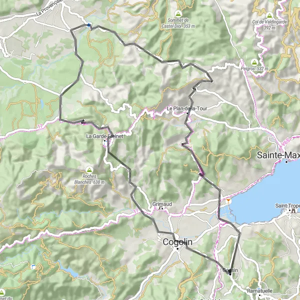 Map miniature of "Gassin to Peygros" cycling inspiration in Provence-Alpes-Côte d’Azur, France. Generated by Tarmacs.app cycling route planner